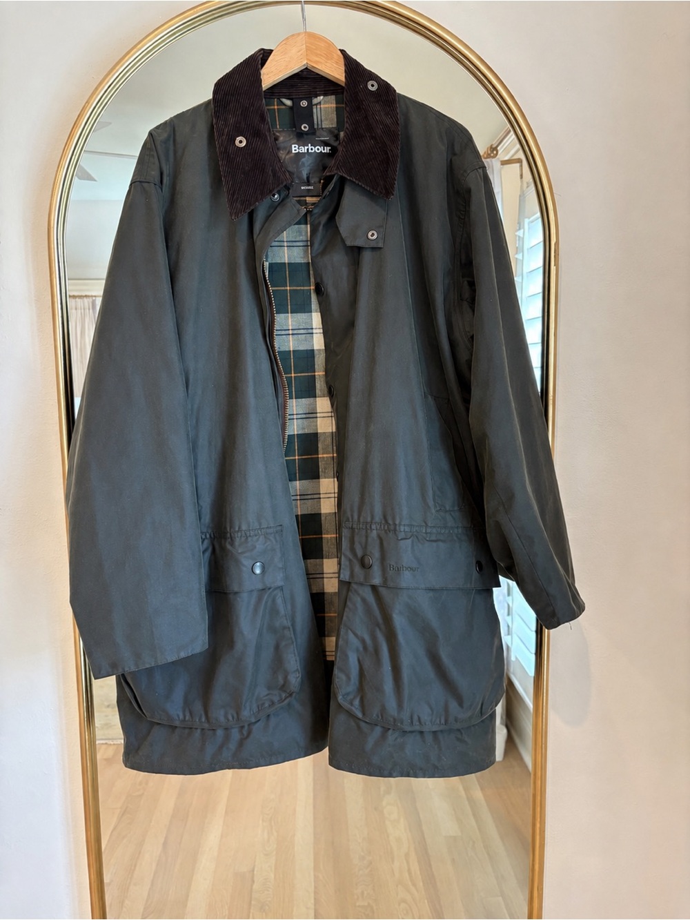 Barbour Olive Green Waxed Field Jacket with Brown Corduroy Collar